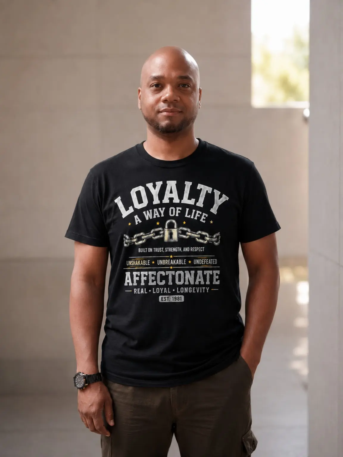 Wander Soul standing in a softly lit modern passage wearing a black Loyalty T-shirt