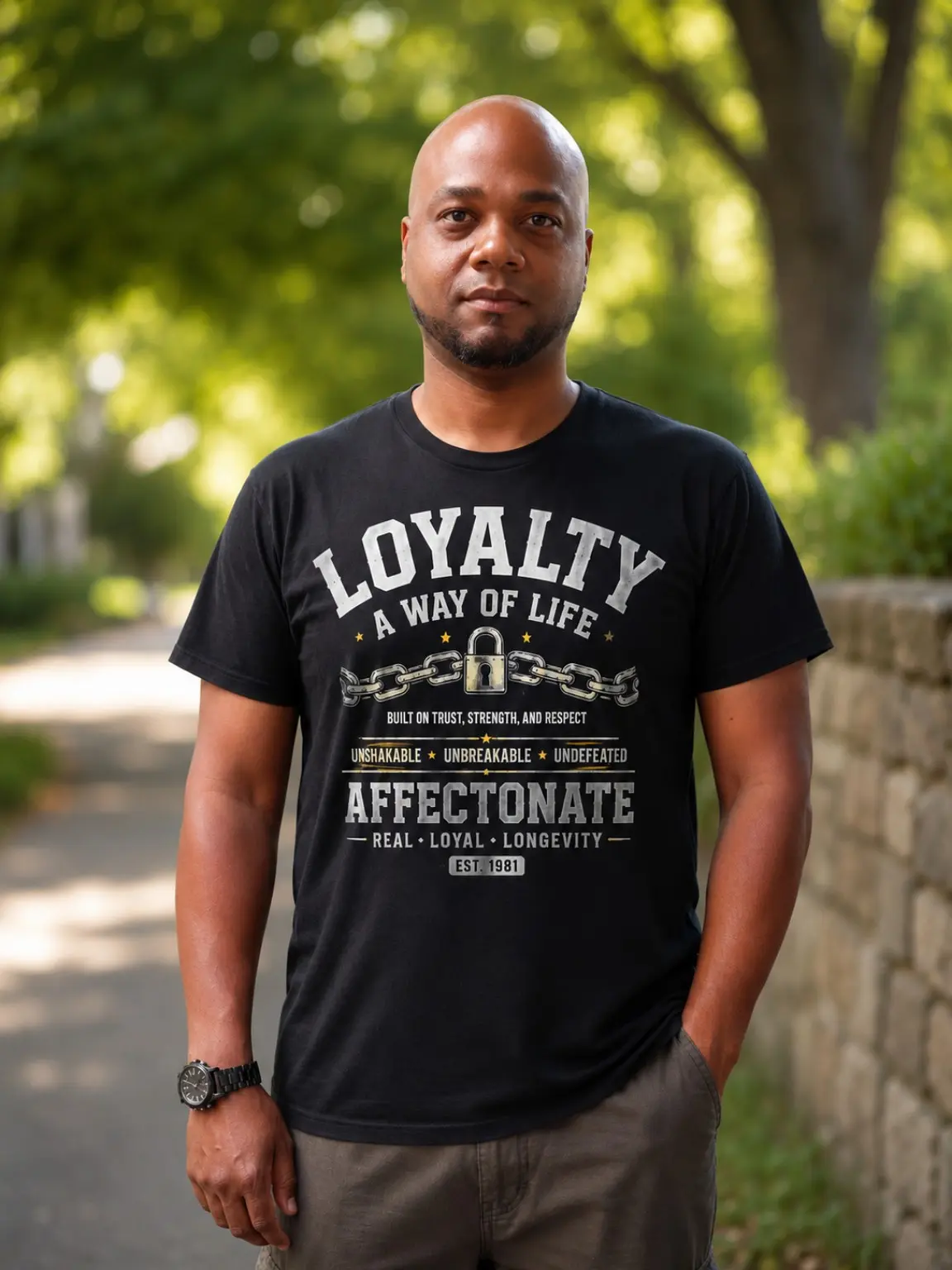 Wander Soul standing along a sunlit, tree-lined neighborhood path wearing a black Loyalty T-shirt